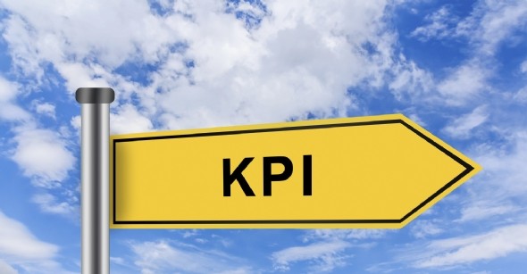 KPI or Key performance indicator words on yellow road sign on blue sky
